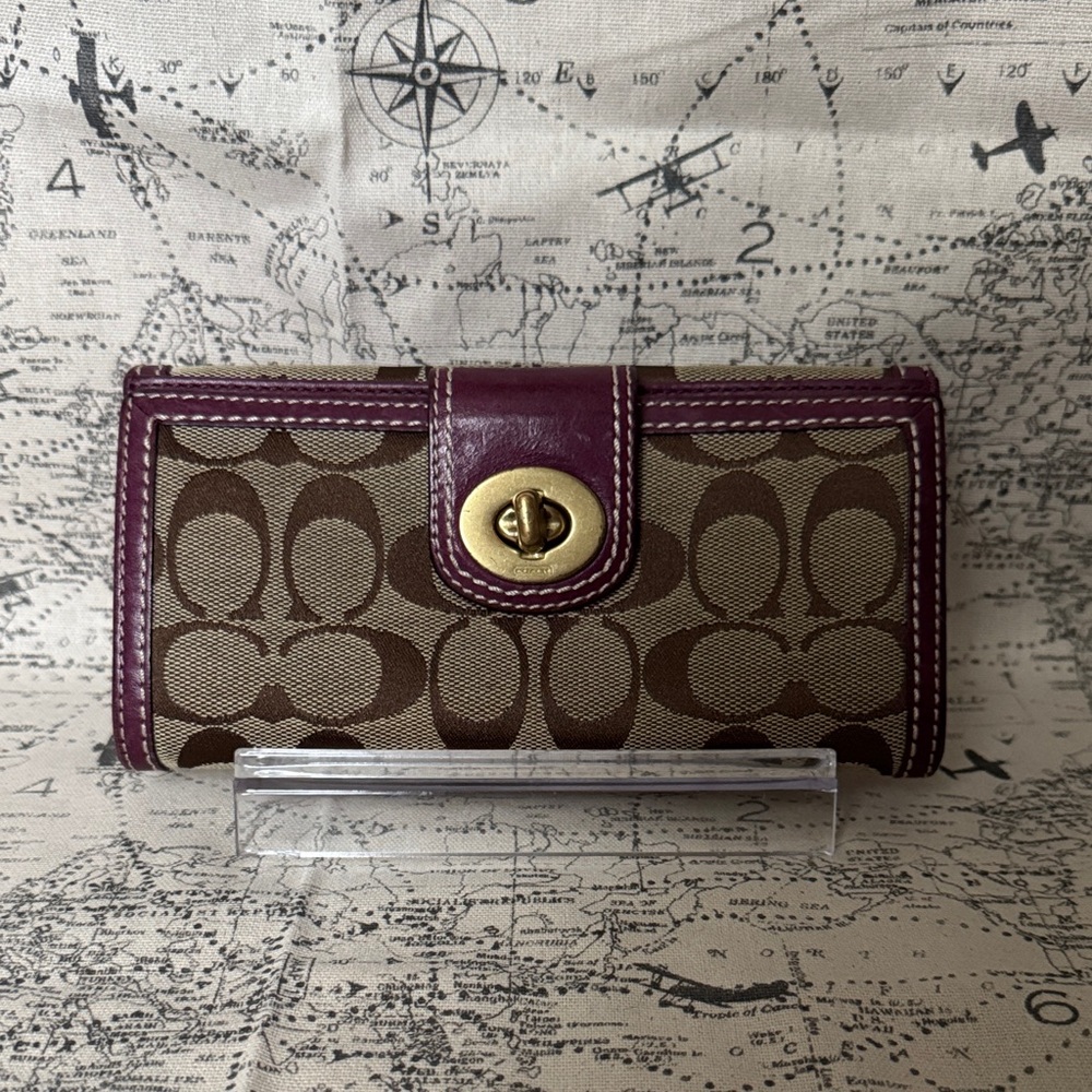 Coach Signature Canvas Wallet with Purple Trim